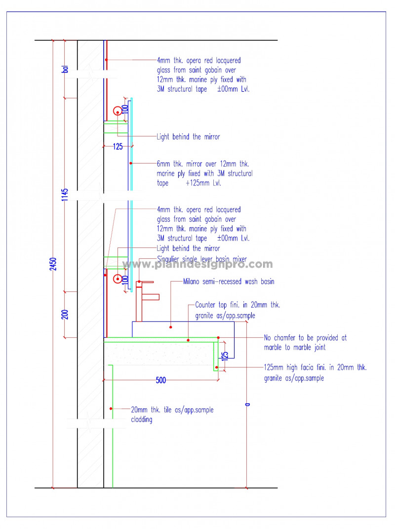 Semi-Recessed Washbasin Installation CAD with Countertop Detail